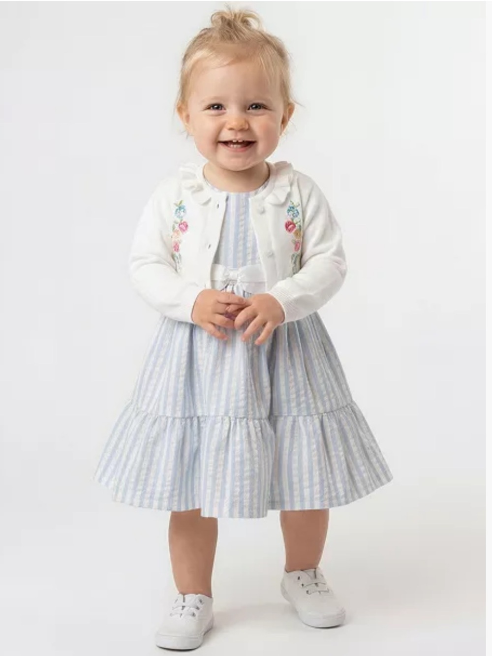Bonnie Baby Girl Blue Striped Dress with Embroidered White Cardigan